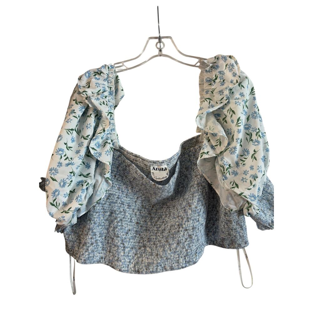 Arula Blouse Womens 3X Blue Ivory Smocked Summer Puff Sleeve Floral Crop Shirt